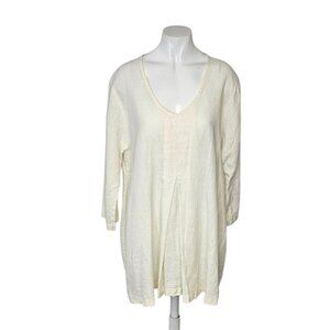 FLAX Womens 100% Linen Pleated 3/4 Sleeve Tunic Blouse, Scoop Neck, Lagenlook ,M